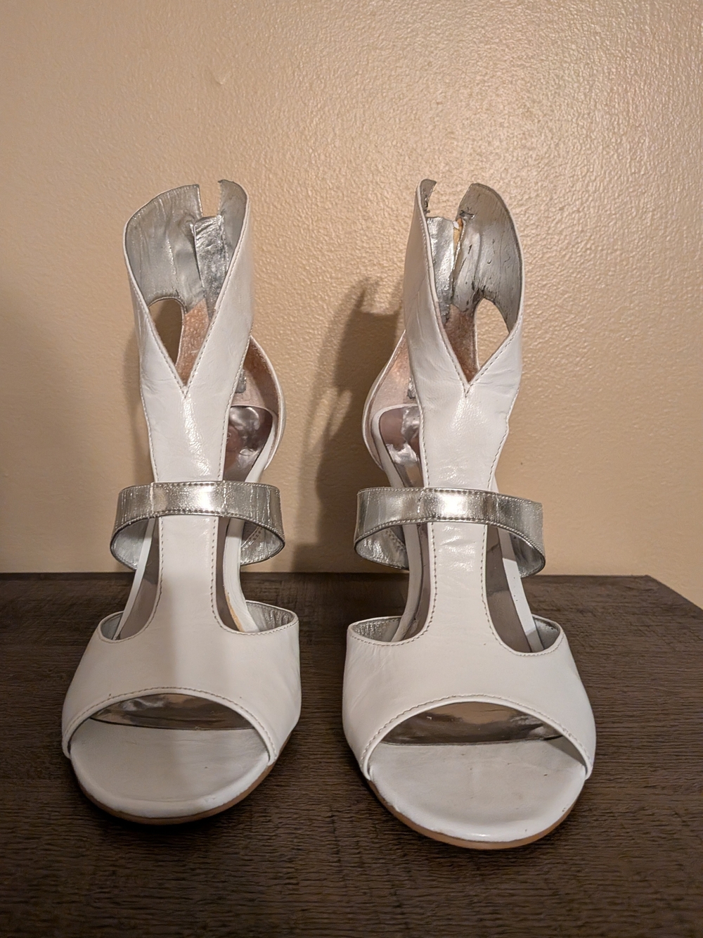Guess White and Silver Women's Strappy Open-Toe Heels Size 7 1/2